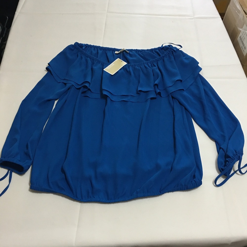 Michael Kors Ruffle Off Shoulder Women Large Radiant Blue NWT $88.00